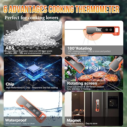 Meat Thermometer Digital Instant Read Food Thermometer for Cooking, Waterproof Kitchen Thermometers with Backlight, Magnet, Auto-Rotating, BBQ Thermometer for Grill Smoker Oil Fry Candy Thermometer