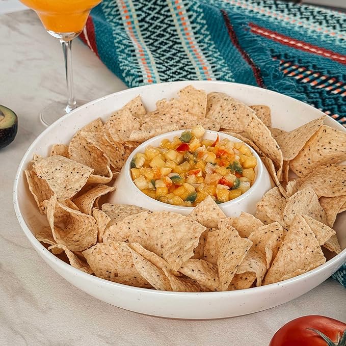 Mora Ceramic Chips and Dip Serving Tray: Large Divided Party Bowl Set for Chips & Salsa, Veggies & Dip, Fruit, Snacks, Entertaining, Hosting, etc. Minimalist Design for the Modern Hostess - White
