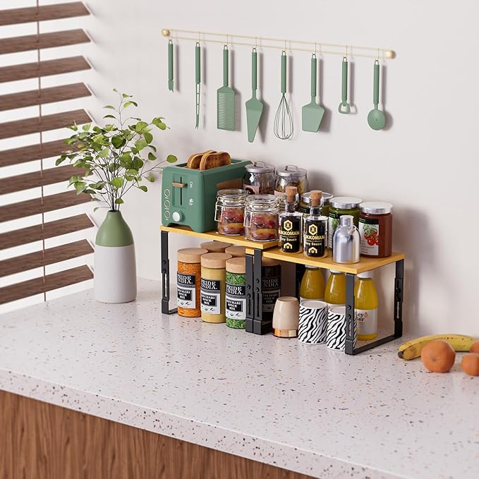 Adjustable Storage Shelves for Kitchen Cabinet Organization - Set of 2 Stackable Metal & Solid Wood Racks, Space-Saving Design for Countertop/Pantry/Garage, Easy Assembly(1 Pack/Medium/Black)