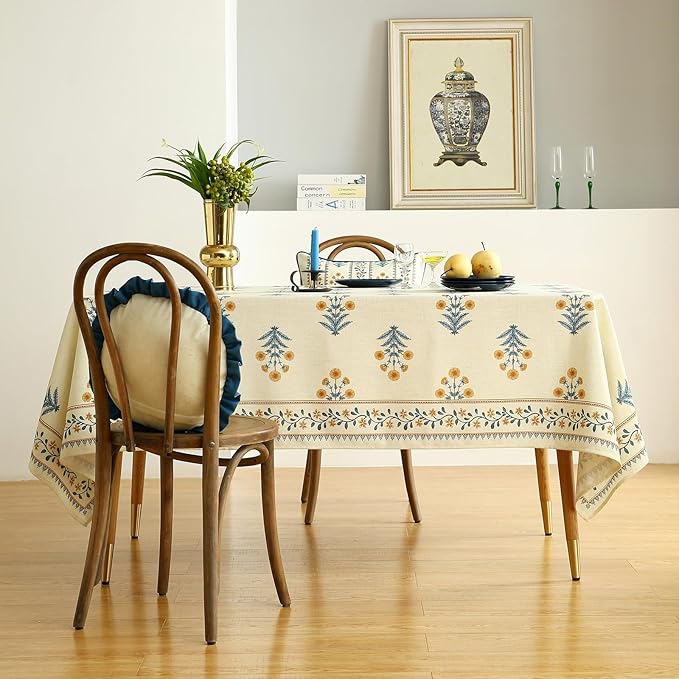 ISAENNE Designer French Pale Yellow Long Tablecloth Rectangle,Linen Floral Table Cloth,Wrinkle Resistant Decor Tablecloths for Dining Thanksgiving Banquet Kitchen Party,63"*102"-Estevan A