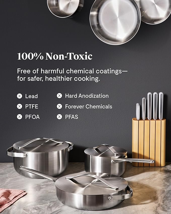 Caraway Stainless Steel Mini Duo - 5-Ply Stainless Steel Fry Pan (8 In) & Sauce Pan (1.75 Qt) - Oven Safe & Stovetop Agnostic - Non Toxic, PTFE & PFOA Free