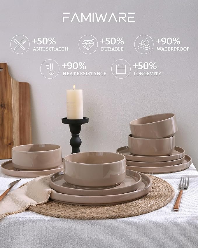 Famiware Nebula Plates and Bowls Sets, 18 Pieces Dinnerware Sets, Dishes Set for 6, Cinnamon Brown