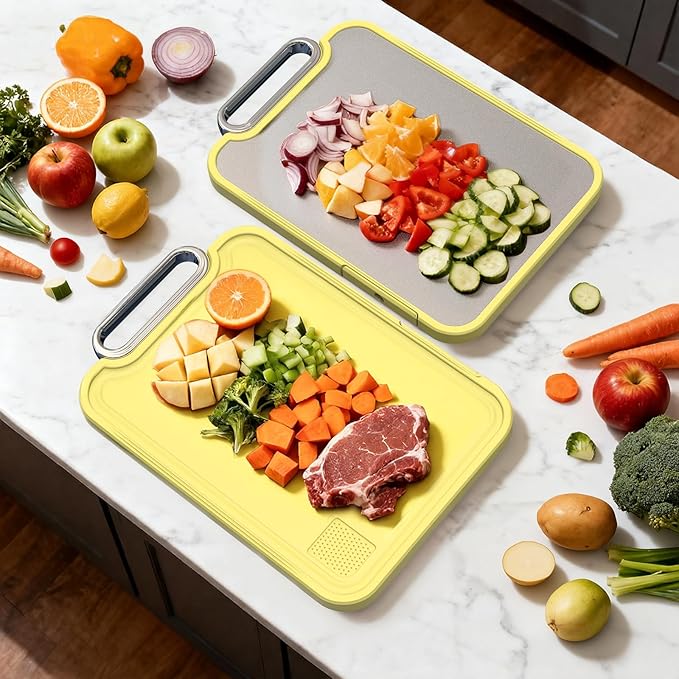 Titanium Cutting Board for Kitchen, Cutting Boards Non Toxic Double Sided Metal Pure Titanium and Wheat Straw PP Chopping Board Food Grade Easy to Clean Large Size 16"*10"*0.9"(Yellow)