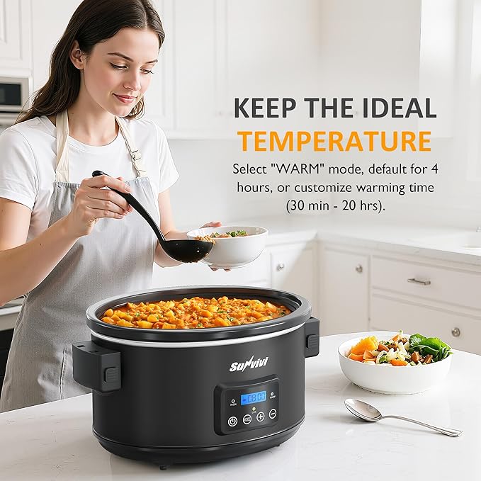 Sunvivi 8.5 Quart Programmable Slow Cooker: Multi-Cooker Food Warmer with Locking Lid & Digital Timer, Adjustable Tempature Control, Dishwasher Safe, Perfect for Families and Gatherings, Black