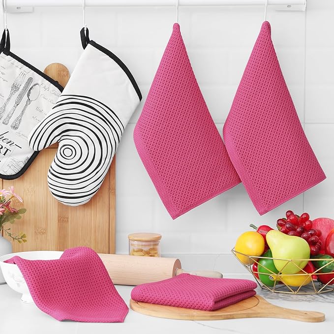 Homaxy 100% Cotton Waffle Weave Kitchen Dish Cloths, Ultra Soft Absorbent Quick Drying Dish Towels, 12 x 12 Inches, 12-Pack, Hot Pink