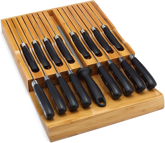 VaeFae In-Drawer Knife Block,Bamboo Knife Drawer Organizer Insert, Kitchen Knife Drawer Storage for 16 Knives PLUS a Slot for your Knife Sharpener (Without Knives)