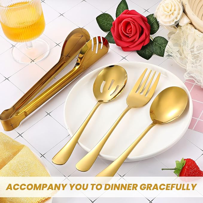 Patelai 8 Pieces Christmas Stainless Steel Gold Serving Utensils Set 8.7" Large Spoons and Slotted Spoon 9.45" Tong 9" Forks Flatware Wedding Party Buffet Banquet Cooking Kitchen Catering