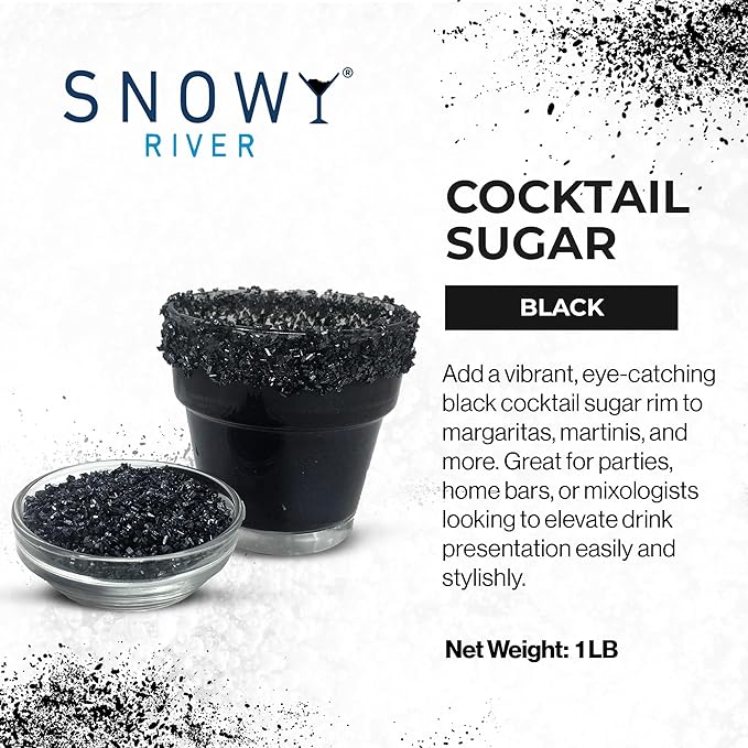 Snowy River Black, Cocktail & Margarita Sugar Rimmer - Vibrant Naturally Colored Sugar for Cocktail Rimming, Baking & Decorating, Medium Crystal - 16oz