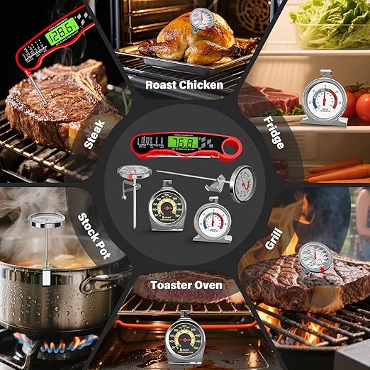 5 Pack Professional Kitchen Food Thermometer Set – Includes Instant Read Digital Meat Thermometer, Oven-Safe, Ambient Oven Monitoring, Fridge & Candy/Deep Fry for Cooking, BBQ, Baking