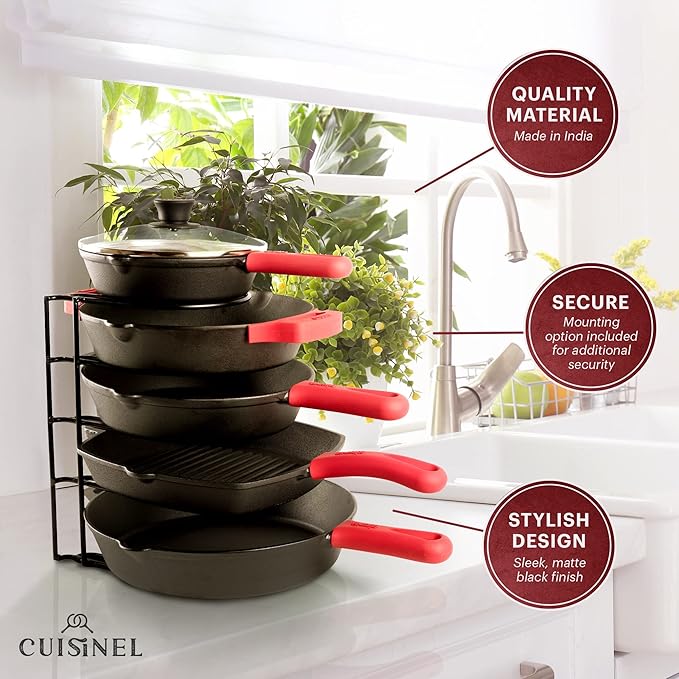 Cuisinel Pots and Pans Organizer Rack - Heavy Duty 60-LBS Capacity - 6mm Thick - Made in India - Matte-Black 12.2"-Tall 5-Tier Space-Saving Kitchen Storage for Cast Iron Cookware, Skillet, Dish, Plate