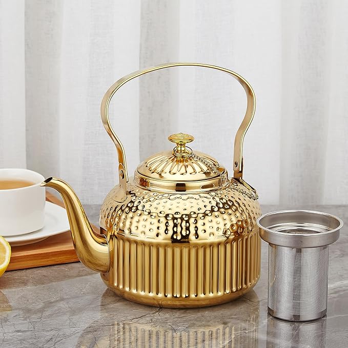 SANQIAHOME Antique 1.2L (40Oz) Stainless Steel Teapot with Infuser Gold
