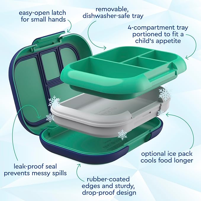 Bentgo Chill Kids Leak-Proof Lunch Box - 4-Compartment Bento Box with Built-In Ice Pack, 3.3 Cup Capacity, PFAS & BPA-Free, Microwave & Dishwasher Safe, Ideal Size for Ages 3 to 7 (Green/Navy)