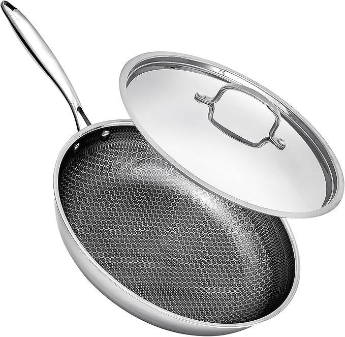 Non Stick Frying Pans with Lids, 12 Inch Fry Pan, Hybrid Large Frying Pan with Lid, Nonstick Skillet Stainless Steel, Dishwasher & Oven-Safe, Induction Compatible Cooking Pan