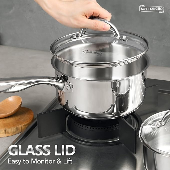 MICHELANGELO 1.5 QT Saucepan with Lid, 18/10 Stainless Steel Sauce Pan with Tri-Ply Bottom, Small Saucepan 1.5 Quart Sauce Pot, Induction Compatible