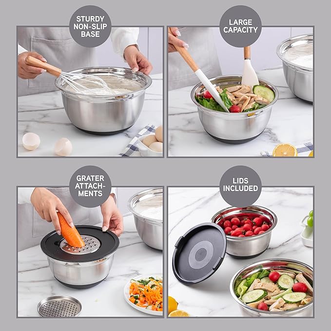 COOK WITH COLOR Stainless Steel Mixing Bowls Set with Lids - Nesting Bowls with Non-Slip Bottom, Silver, 14 Pieces