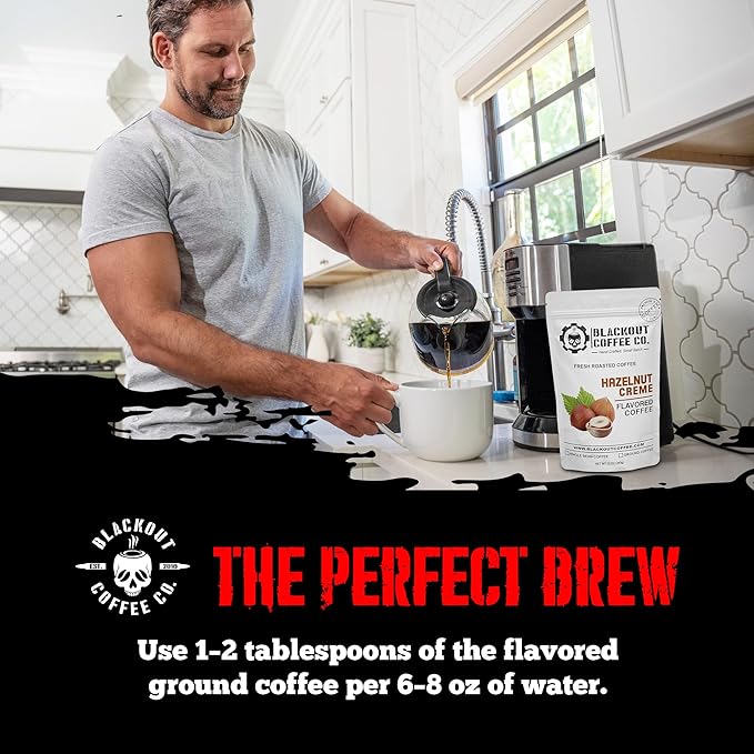 Blackout Coffee Hazelnut Creme Flavored Ground Coffee – Medium Roast, Smooth Taste, Guilt-Free Indulgence – Freshly Roasted 12oz Bag, American Made