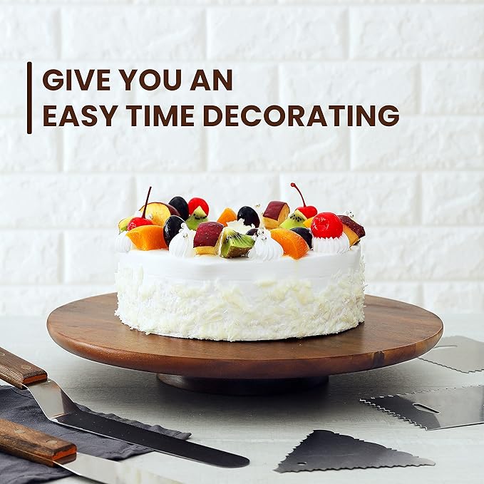 13" Acacia Cake Stand Rotating – Rustic Wood Turntable Pedestal Stands – Wooden Spinning Tables for Food Serving - Round Cake Decorating for Cupcake Dessert Display in Party, Wedding, Birthday