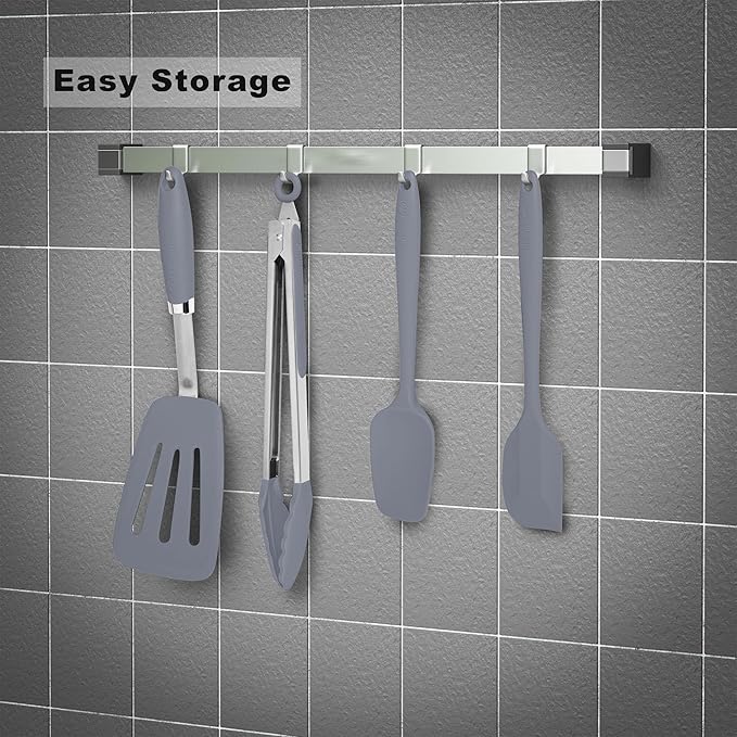Silicone Spatulas Set Turners Tongs Cooking Utensils Set High Heat Resistant Kitchen Scraper Spatulas for Cooking Mixing Baking BPA Free Dishwasher Safe, Grey