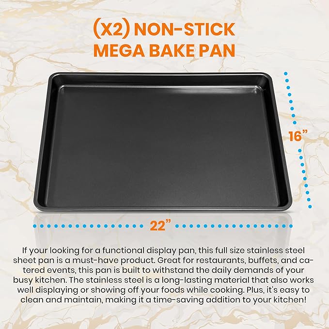 NutriChef 2-Piece XL Mega Cookie Sheet Baking Pans Set - 22" x 16" Extra Large Nonstick Carbon Steel Oven Baking Tray Pans, Stackable Bakeware, Black - NCLGBP16