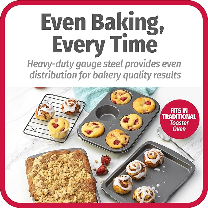 GoodCook 4-Piece Nonstick Steel Toaster Oven Set with Sheet Pan, Rack, Cake Pan, and Muffin Pan, Gray, 4-Piece Set Distributes Heat Evenly, Nonstick Coating, Dishwasher-Safe