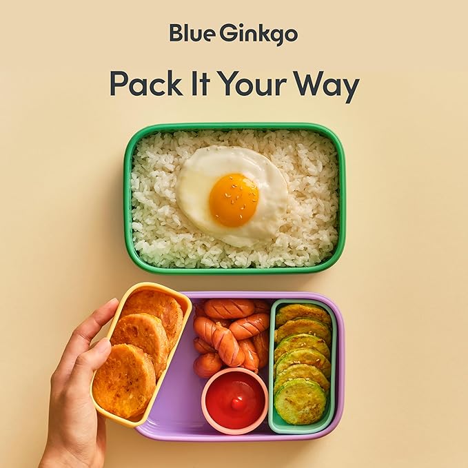 BLUE GINKGO Silicone Lunch Box Set – Durable Heavy-Duty Silicone Bento Box, Microwave, Freezer, Dishwasher Safe – Airtight, BPA Free (Made in Korea, Green)