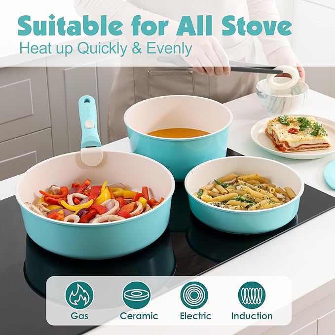 SENSARTE 24 Piece Ceramic Pots and Pans Set, Nonstick Detachable Handle Cookware, Induction Cookware Set with Removable Handle, Healthy Non Stick for RV, Dishwasher＆Oven Safe, PFOA Free (Turquoise)