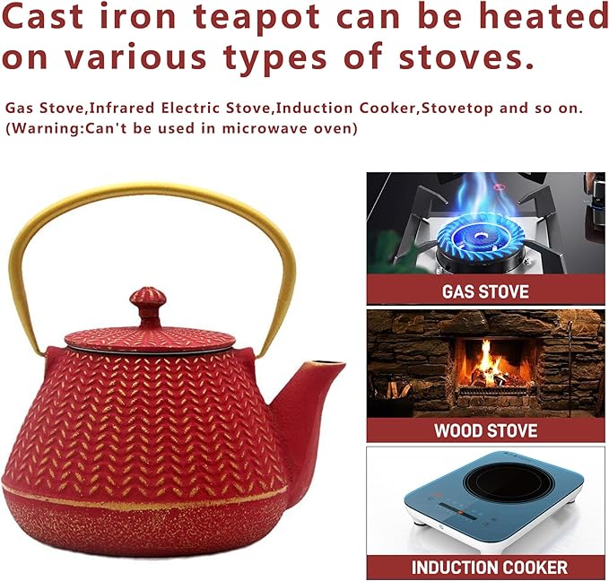 Small Cast Iron Tea Kettle for Stovetop Safe, Red Tea Pot Coated with Enameled Interior, Durable Teapot with Stainless Steel Infuser for Loose Leaf (1000ml/34oz)