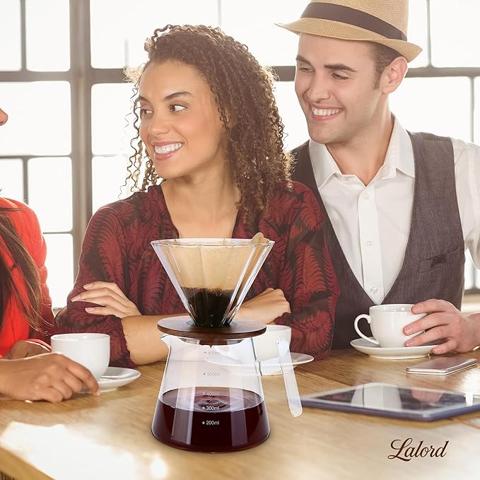 Pour Over Coffee Maker, 20 oz Borosilicate Glass Set with 100 pcs Paper Filter, Walnut Collar & Glass Lid, Drip Coffee Maker, 1-3 Cups, Clear, 600 ml, Petal Shape
