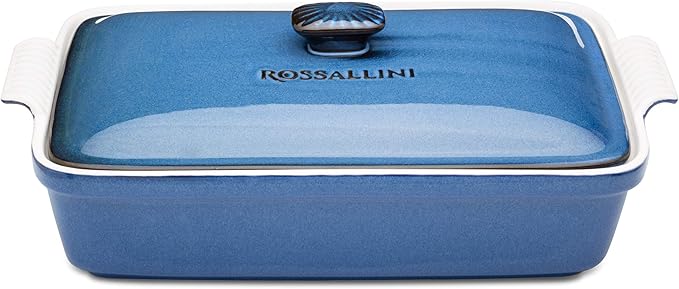 Stoneware Casserole Dish Bakeware Set with Lid, Covered Rectangular Dinnerware, Extra Large 4.23 Quart, 13 by 9 Inch, Blu Indaco [Reactive Blue]