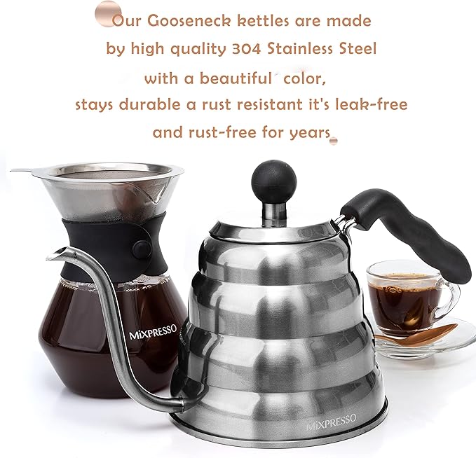 Mixpresso Gooseneck Pour Over Coffee Kettle, Barista Pour Control Design, Ideal for Coffee and Tea, High-Grade Stainless Steel 1.2 Liter 40 Oz, Induction Cooker Stovetop Kettle Stainless Steel