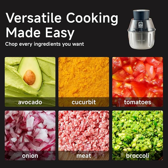 Electric Food Processor & Meat Grinder – 1.9 Qt Food Chopper with Pure Copper Motor, Dual-Layer Blades, Procesador de Alimentos Electrico