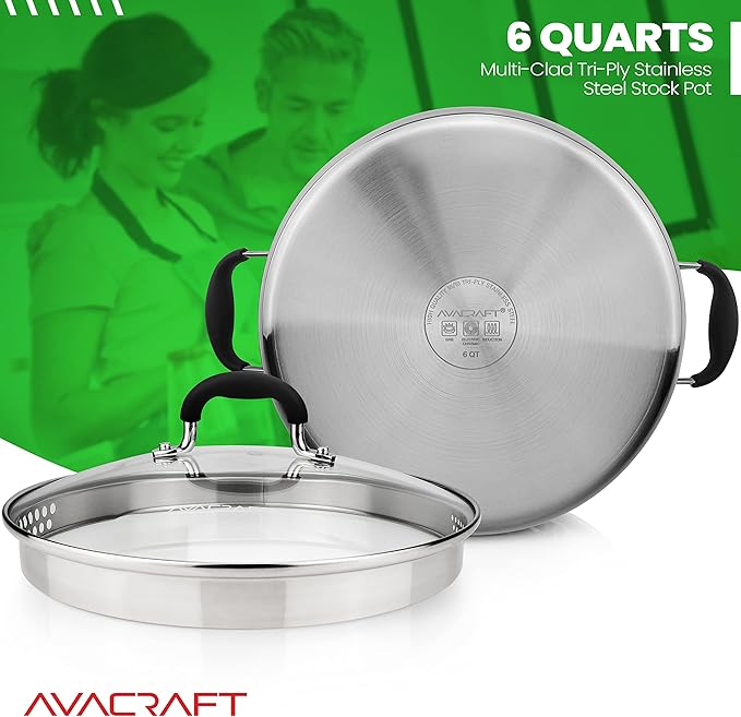 AVACRAFT Tri-Ply Stainless Steel Stockpot with Glass Strainer Lid, Side Spouts, 6 Quart Multipurpose Sauce Pot