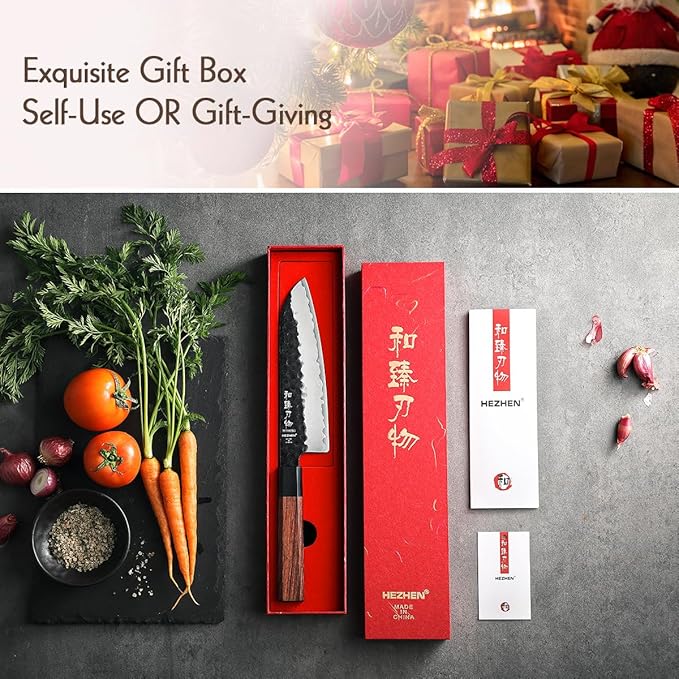 HEZHEN Santoku Knife, 7 Inches, 3 Layers Clad Steel Chef Knife,Professional Japanese Kitchen Knife for Chefs and Home Cooking,Wooden Octagonal Handle