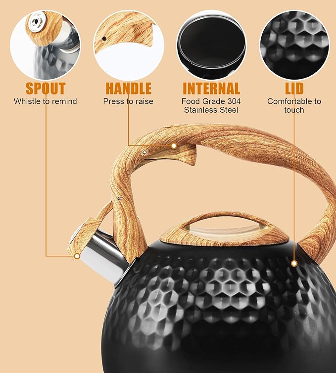 Tea Kettle 3.2Qt Stainless Steel Stovetop Whistling Pot with Heat-Resistant Handle, Fast Boiling Water for Home Kitchen, Induction Compatible & Rust-Proof - Black