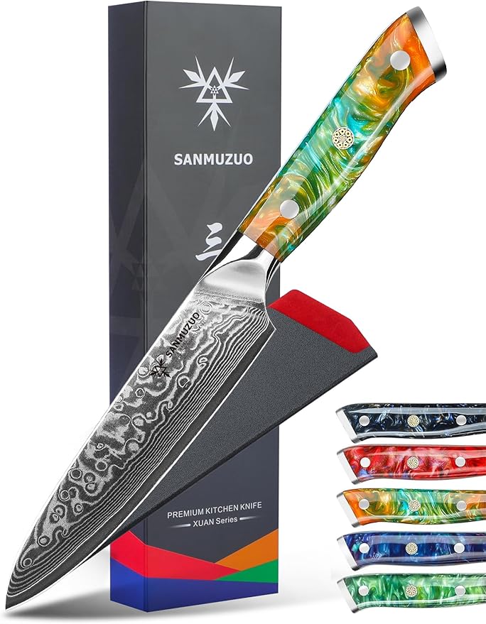 5 Inch Kitchen Utility Knife - Xuan Series Kitchen Knives - VG10 Damascus Steel with Resin Handle (Fantasy Orange)
