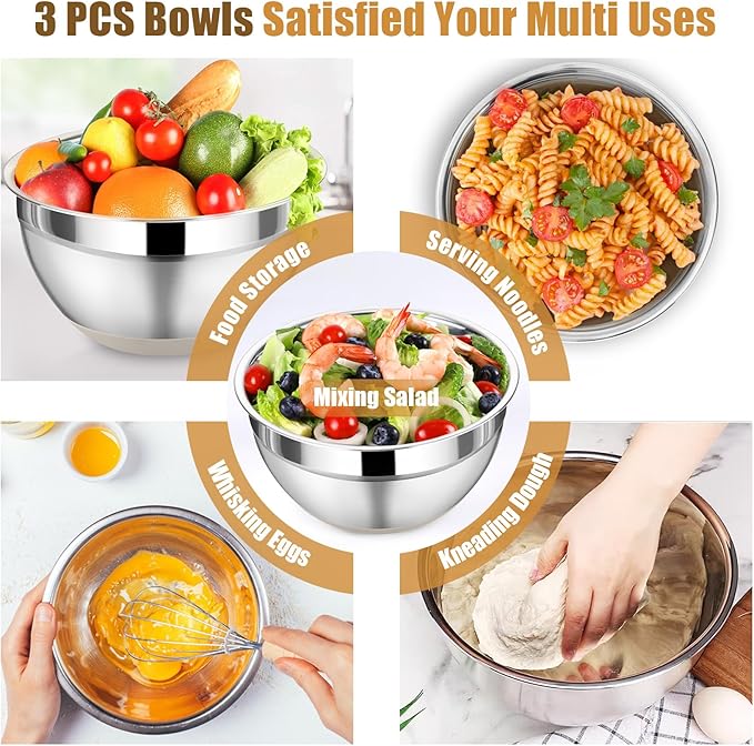 P&P CHEF Mixing Bowl with Lids Set of 3, Stainless Steel Nesting Salad Bowls for Serving Preparing, 3 Grater Attachments & Non-Slip Bottoms, Size 1.5/2.6/4.6 QT, Khaki