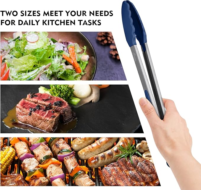 HOTEC Premium Stainless Steel Locking Kitchen Tongs with Silicon Tips, Set of 2-9" and 12", Classic Blue