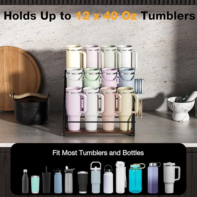 MOJOHAND Water Bottle Organizer for Full Stanley and Others' Large Tumbler Organization, Pantry Kitchen Organizers and Storage for Cup Accessories, Water Bottle Holder Wine Rack - 3 Tier Hold 12