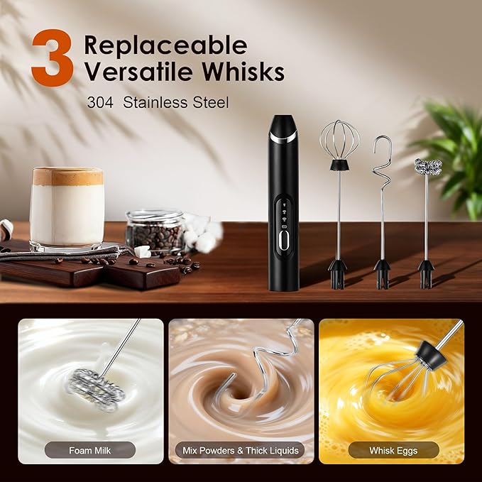 Milk Frother Handheld with Stand,Rechargeable Coffee Frother Wand with 3 Detachable Stainless Steel Whisk Heads, Hand Electric Mixer for Latte, Cappuccino,Matcha,Protein（Black）