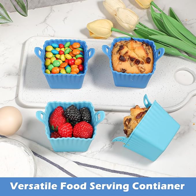 Koluti Reusable Egg Bites Silicone Mold Set of 4, Nonstick Muffin Baking Cupcake with Double Handle, Small Square Air Fryer Cupcake Liners, 2 Color