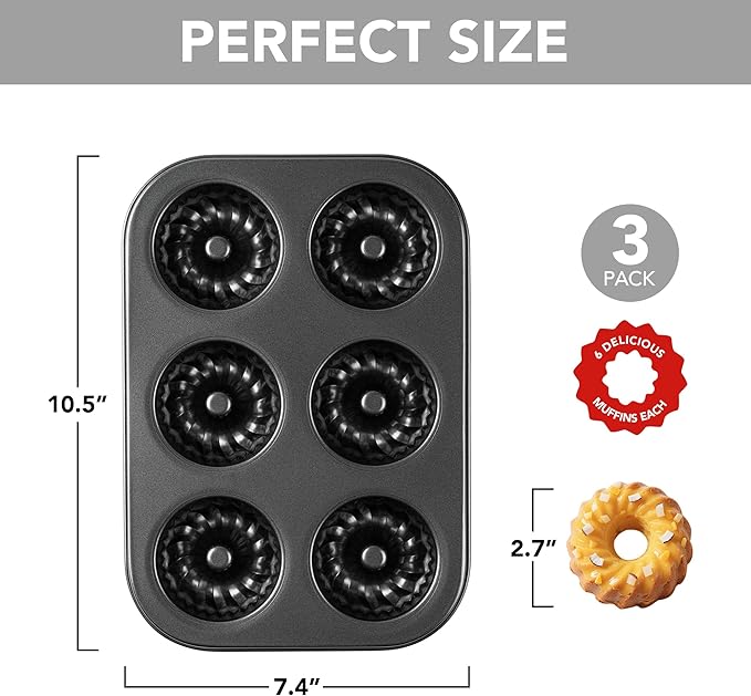 Tiawudi Mini Fluted Tube Cake Pan, 6 Cavity Bundt Cake Baking Pan, Non-stick Baking Mold for Cupcakes, Donuts, Cornbread, Brownies, Jellies, Set of 3