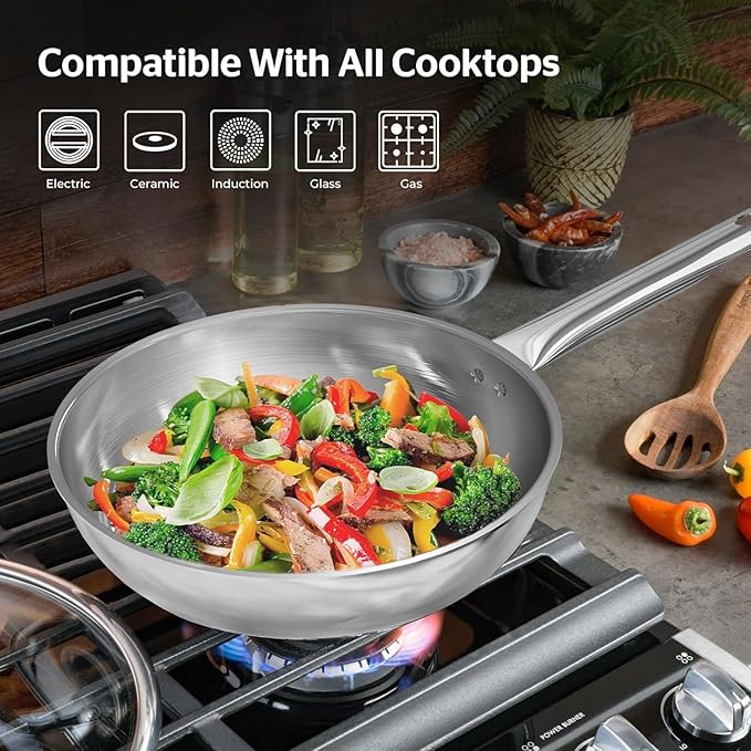 SUNHOUSE 10 Inch Tri-Ply Stainless Steel Frying Pan, Whole-Clad No Coatings Skillet with Stay-cool Handle for Cooking, Durable & Oven Safe to 500°F, Dishwasher Safe, Compatible with All Cooktops