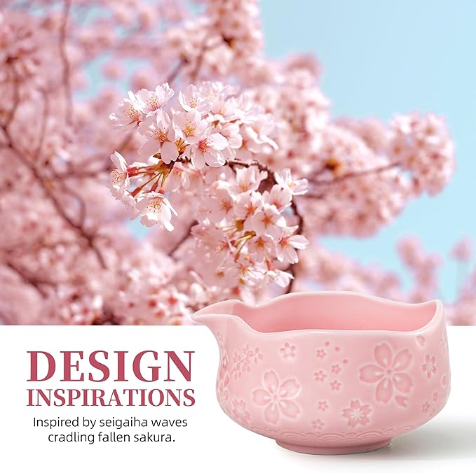 TEANAGOO 7-PCS Pink Matcha Whisk Set with Cherry Blossom Design, Complete Ceremony Kit, Ceramic Chawan Bowl with Spout, Whisk & Accessories, Traditional Matcha Tea Set for Lattes& Gift Giving