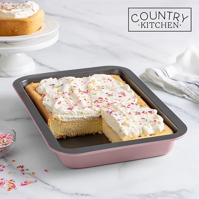 Country Kitchen Baking Pans Set - 10 Piece Non-Stick Cake Pans with Carry Lids for Easy Storage & Travel, Perfect for Parties - Stackable, Pink