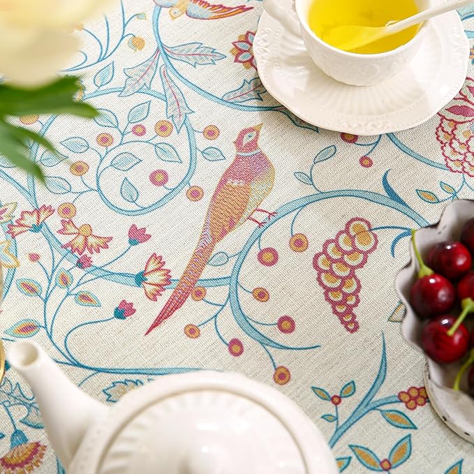 patdrea Designer Yellow French Round Tablecloth,Rustic Linen Floral Birds Table Cloth,Fall Decor Table Cover for Kitchen Dining Holiday Banquet,Christmas,Thanksgiving,Diameter 67"-Magnolia