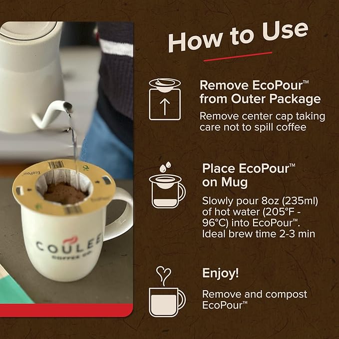 Coulée EcoPour B.I.O.N. Coffee, Single Serve Pour Over Decaffeinated Coffee, for Camping or Traveling, Pre Filled Compostable Filters, Ready to Brew with Hot Water, 20 Pack