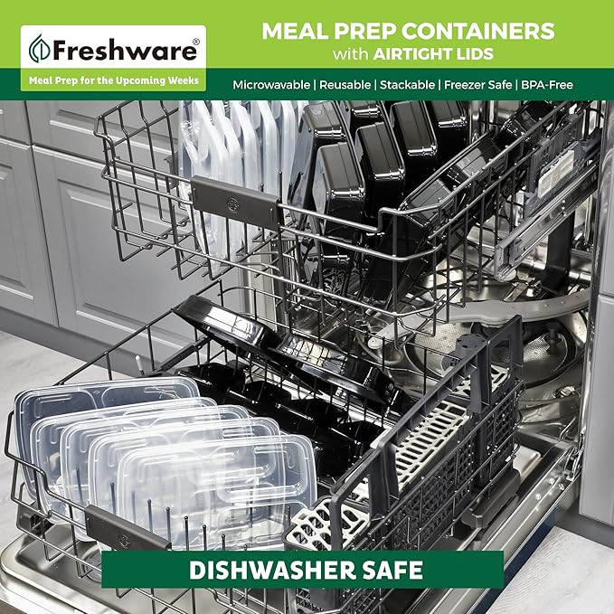 Freshware Meal Prep Containers [25 Pack] 3 Compartment with Lids, Food Storage Containers, Bento Box, Stackable, Microwave/Dishwasher Safe (32 oz)