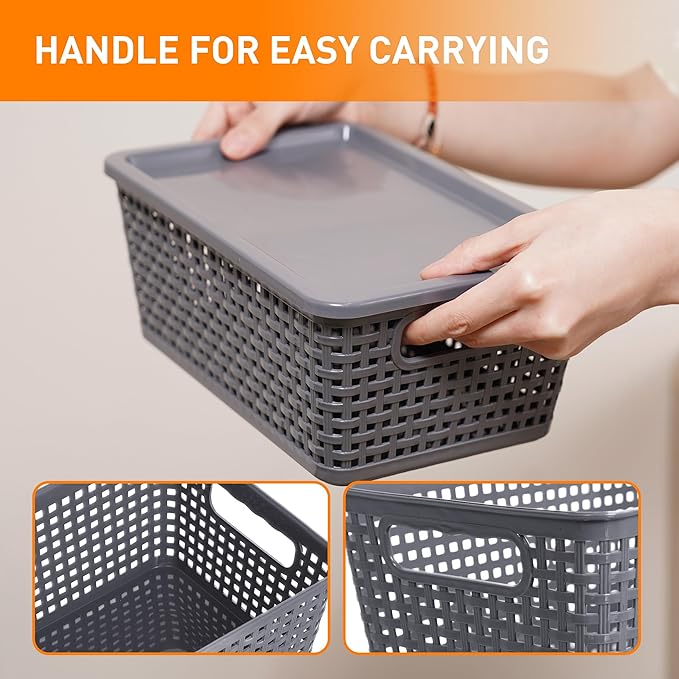 Plastic Storage Baskets With Lid, Storage Bins for Organizing, Stackable Decorative Containers for Shelves Drawers Desktop Closet Playroom Classroom Office,10 Pack-Grey