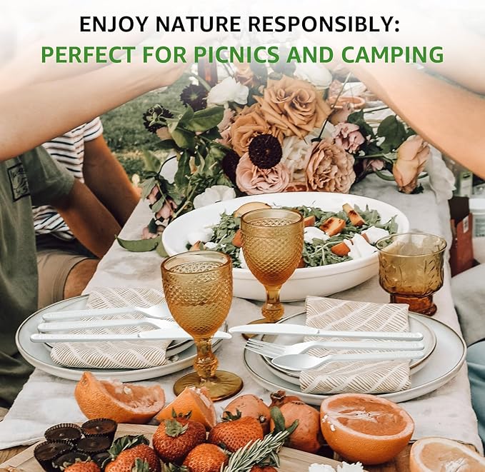 100% Compostable Spoons 60 Count Disposable Soup Spoons Heavy Duty Utensils Disposable Silverware Eco Friendly Flatware for Party Camping Picnics Wedding-Ivory White