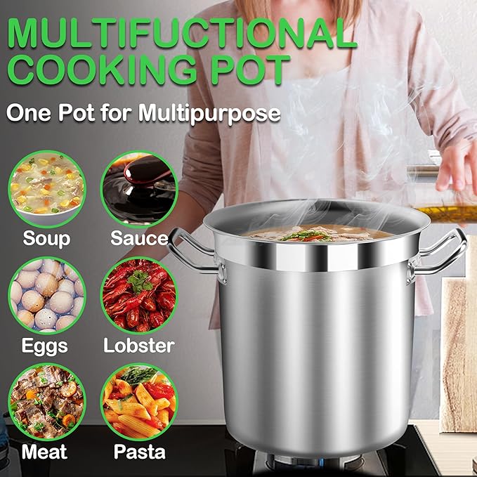 20 Quart Soup Pot with Lid – Stainless Steel Stock Pot, Heavy Duty Cooking Pot for Soup, Pasta, Stew – Induction & Oven Safe, Commercial & Home Use